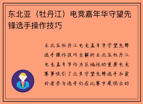 东北亚(牡丹江)电竞嘉年华守望先锋选手操作技巧 东北亚(牡丹江)电竞嘉年华守望先锋选手操作技巧