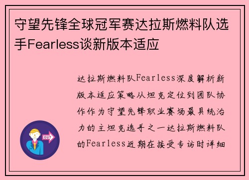 守望先锋全球冠军赛达拉斯燃料队选手Fearless谈新版本适应