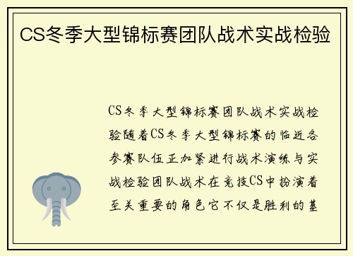 CS冬季大型锦标赛团队战术实战检验